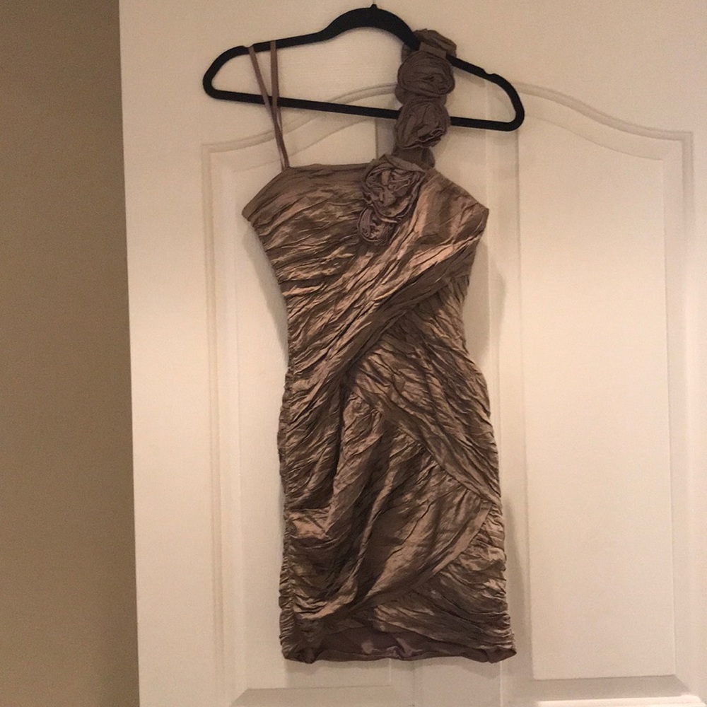 One shoulder, ruched flower dress